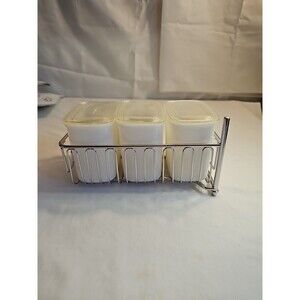 Hazel Atlas Vintage Milk Glass Refrigerator Jars w/lids and Metal Rack MCM